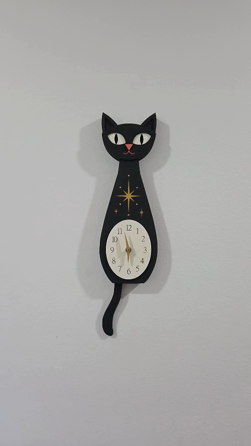 [Laser cut and engrave] Mid-Century Modern Black Cat Wall Clock with Starburst Detail