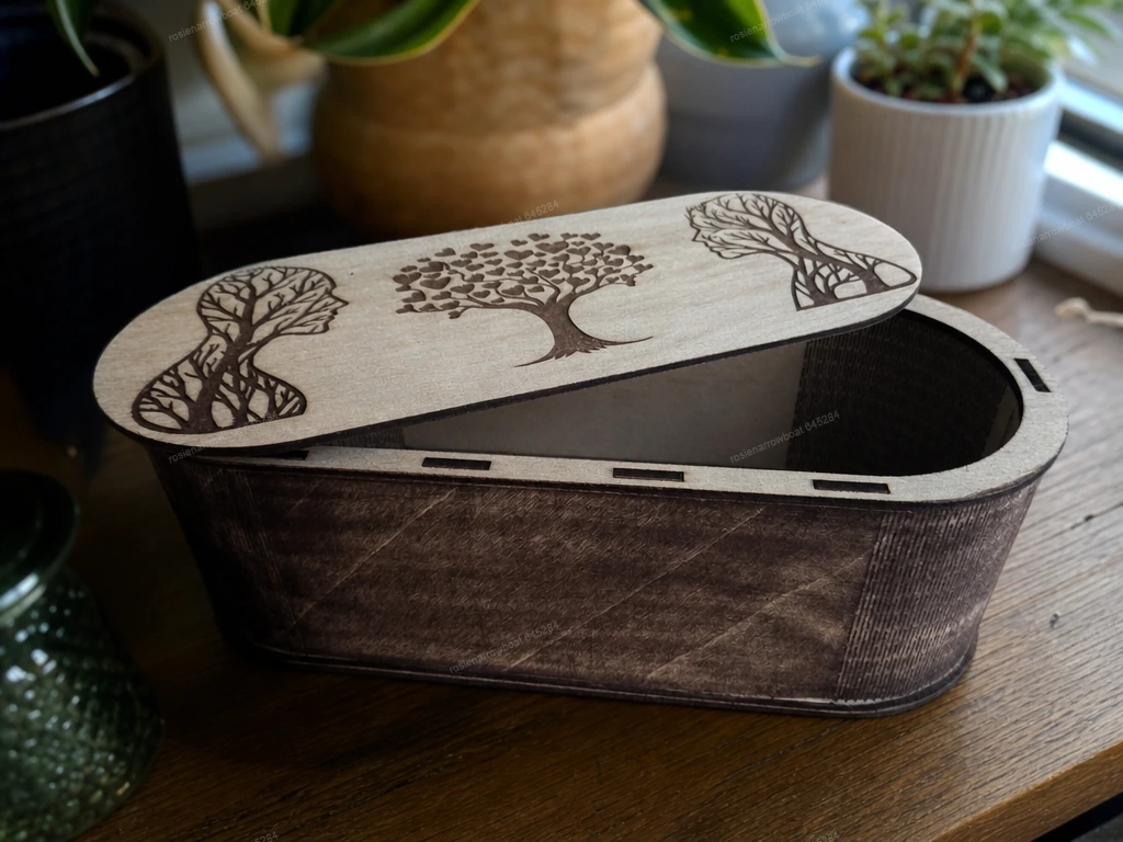 Oval Wooden Keepsake Box with Tree of Life and Human Profile Art