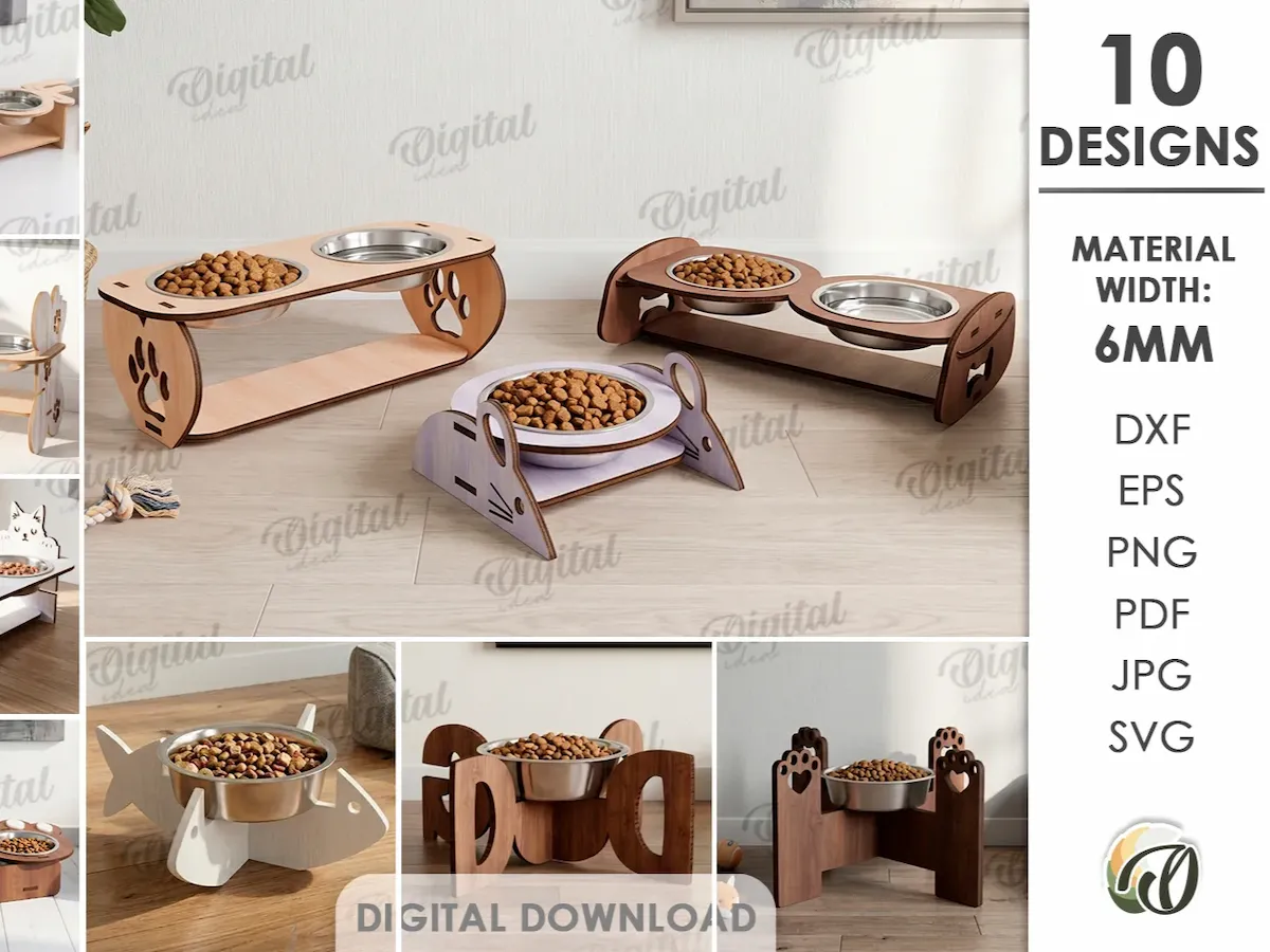 [Laser cut and engrave] 3D Pet Bowl Holders Bundle. Elevated Dog Bowl Stand Laser Cut Files. Cat Feeding Station. Woof SVG. Raised Feeder. Food and Water Holder