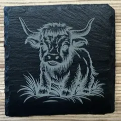 [Laser cut and engrave] Square Slate Coasters Featuring Highland Cow Illustrations