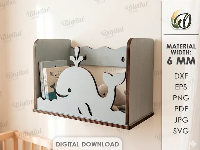 3D Kids Whale Nursery Wall Shelf. Cute Animal Bookshelf Laser Cut Files. Children's Room Storage Shelf SVG. Toy Display Shelf. Baby