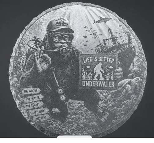[Laser cut and engrave] Round Slate Coaster Featuring Scuba Diving Bigfoot Underwater Scene