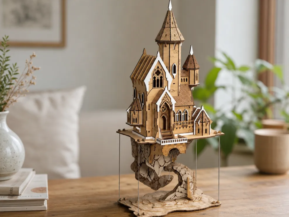 Floating Fantasy Castle Miniature Model Laser Cut Design. Puzzle Game. Wooden Puzzle. Kids Room