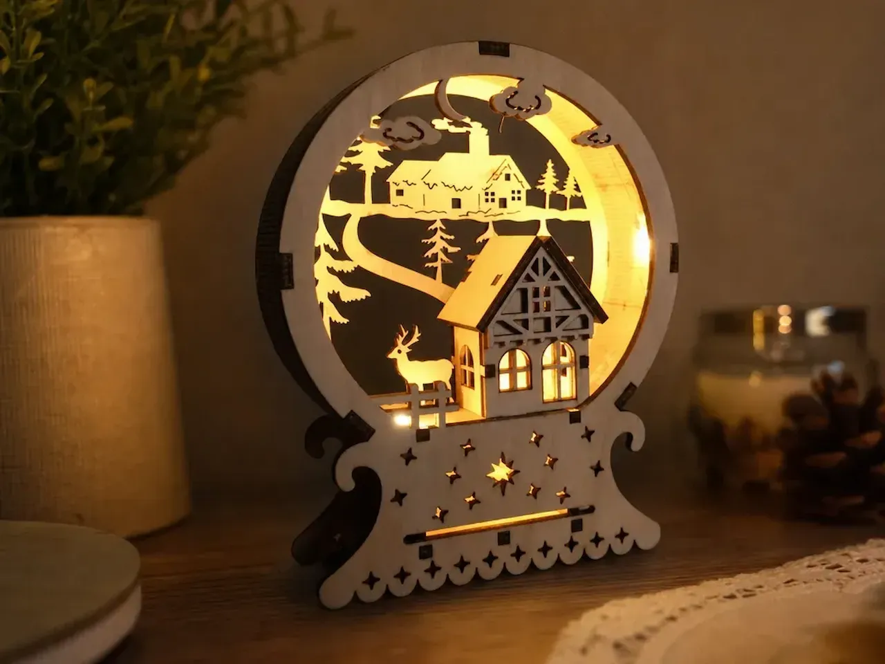 [Laser cut and engrave] Illuminated Wooden Winter Scene with Cabin and Deer