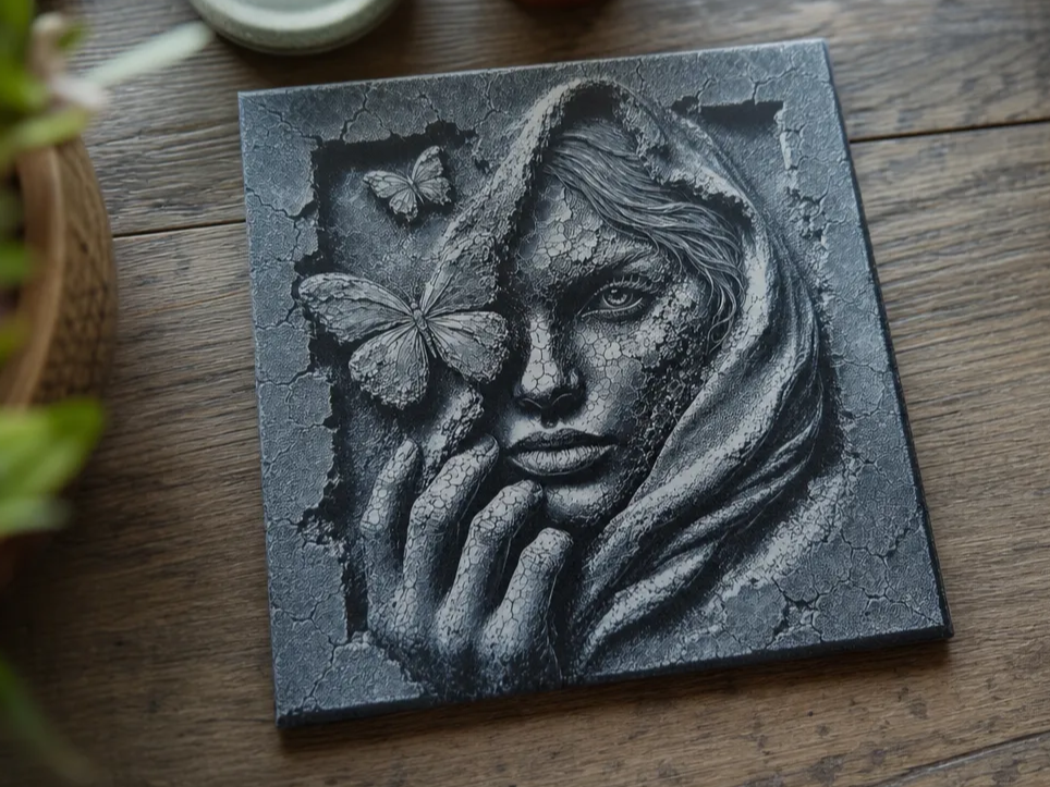 Faïence murale carrée représentant un visage féminin mystique avec des papillons
