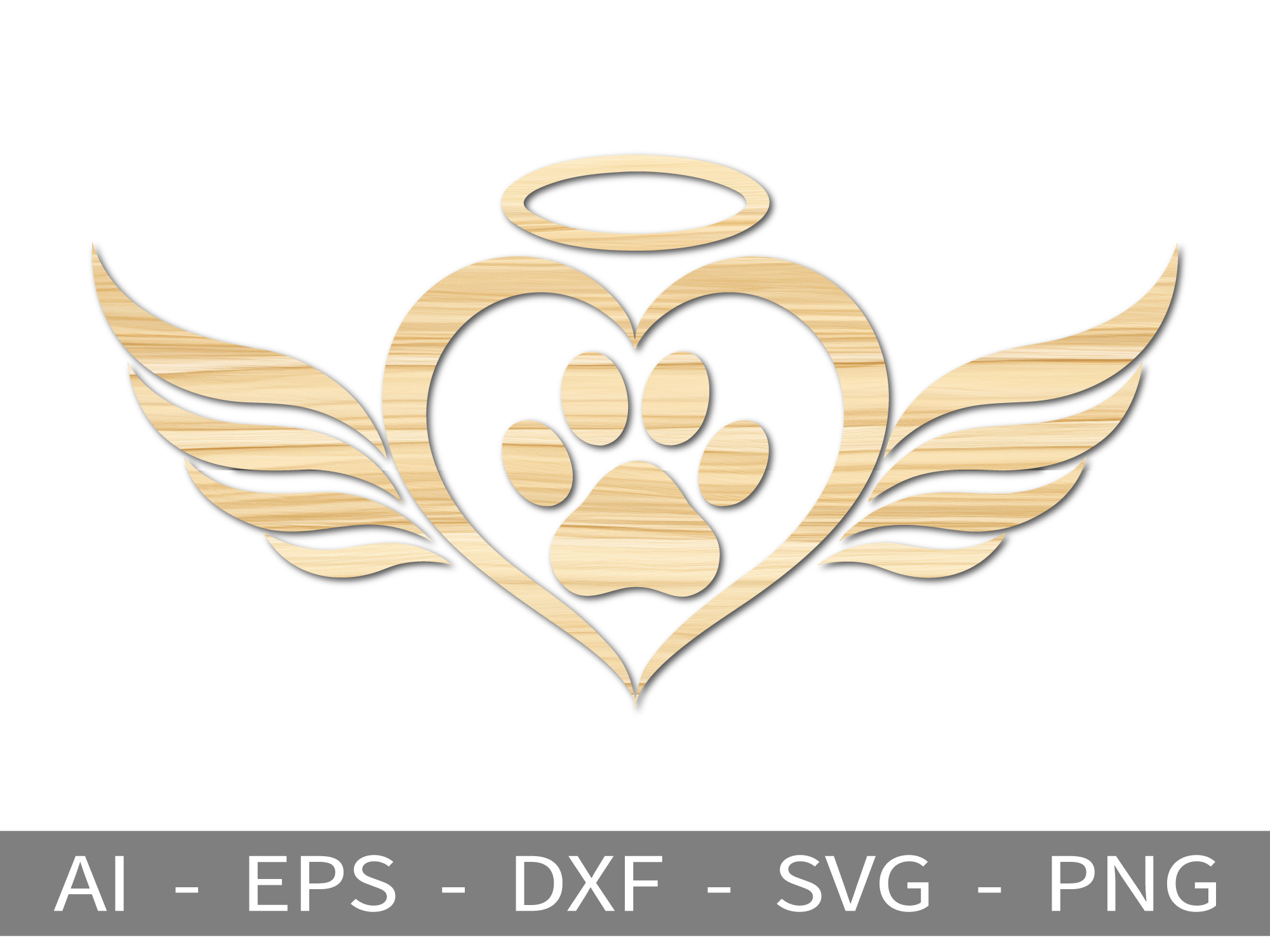 [Laser cut and engrave] Pet Memorial Heart with Angel Wings and Paw Print - Laser Cutting Design