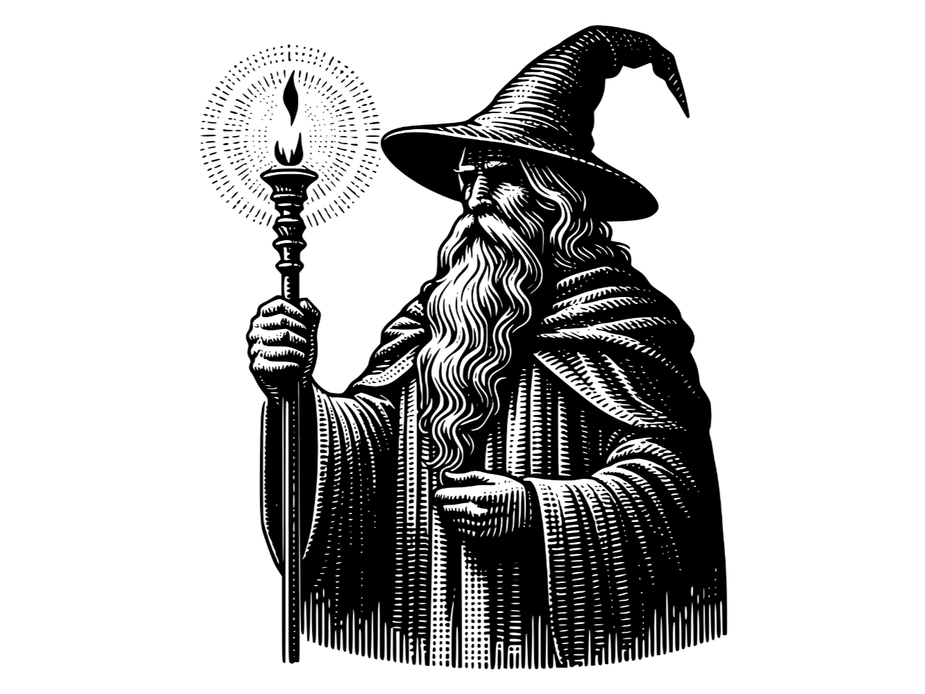 Schwarz-Weiß-Illustration eines Zauberers mit Stab und spitzem Hut