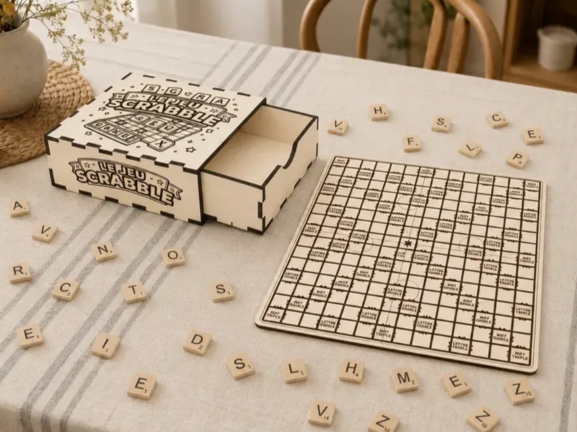 Jeu de société Scrabble en bois avec plateau et boîte de rangement
