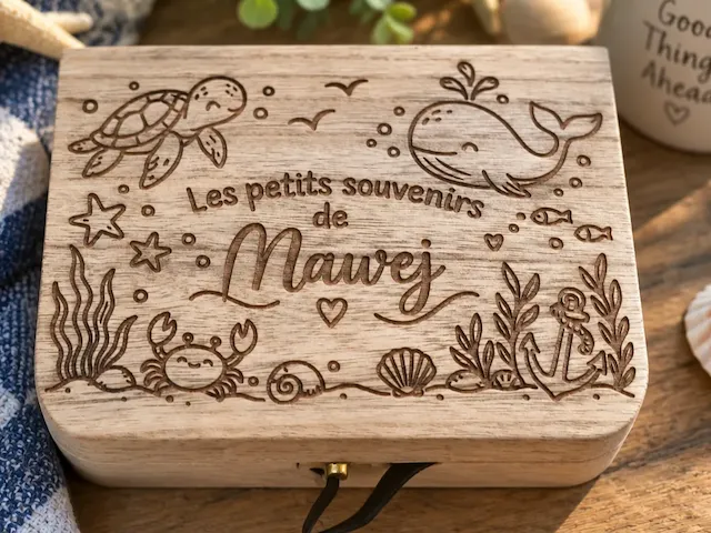 Boîte à souvenirs en bois personnalisée avec motif marin pour enfant