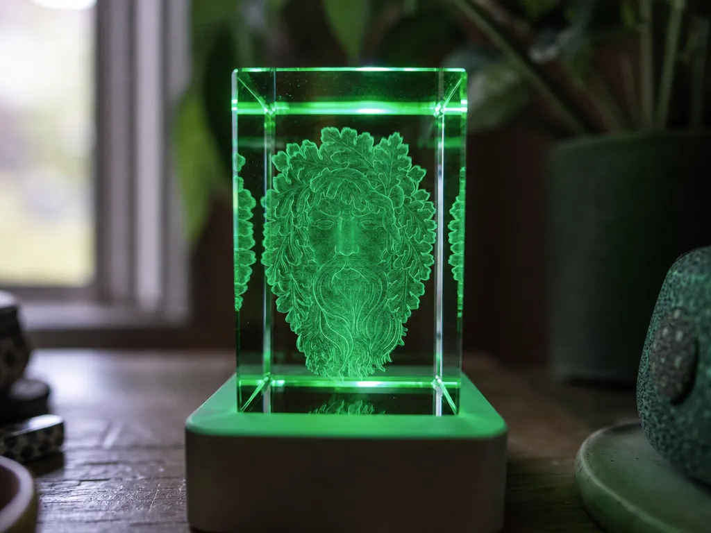 Green Man Face Glass Block with LED Light Base