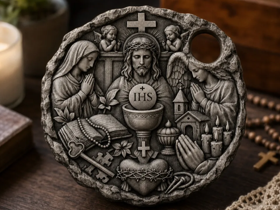 Religious Wall Plaque or Keychain Featuring Jesus, Mary, and Sacred Heart Iconography