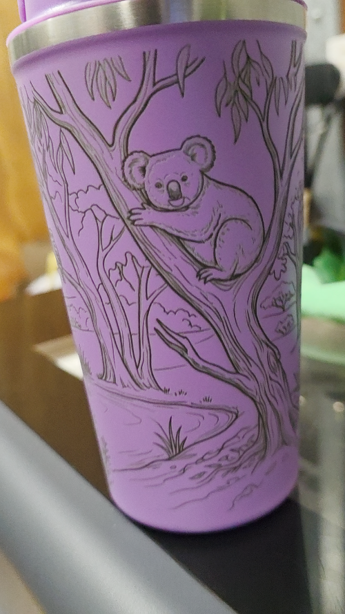 [Laser cut and engrave] Purple Travel Mug Featuring Koala in Eucalyptus Tree Illustration