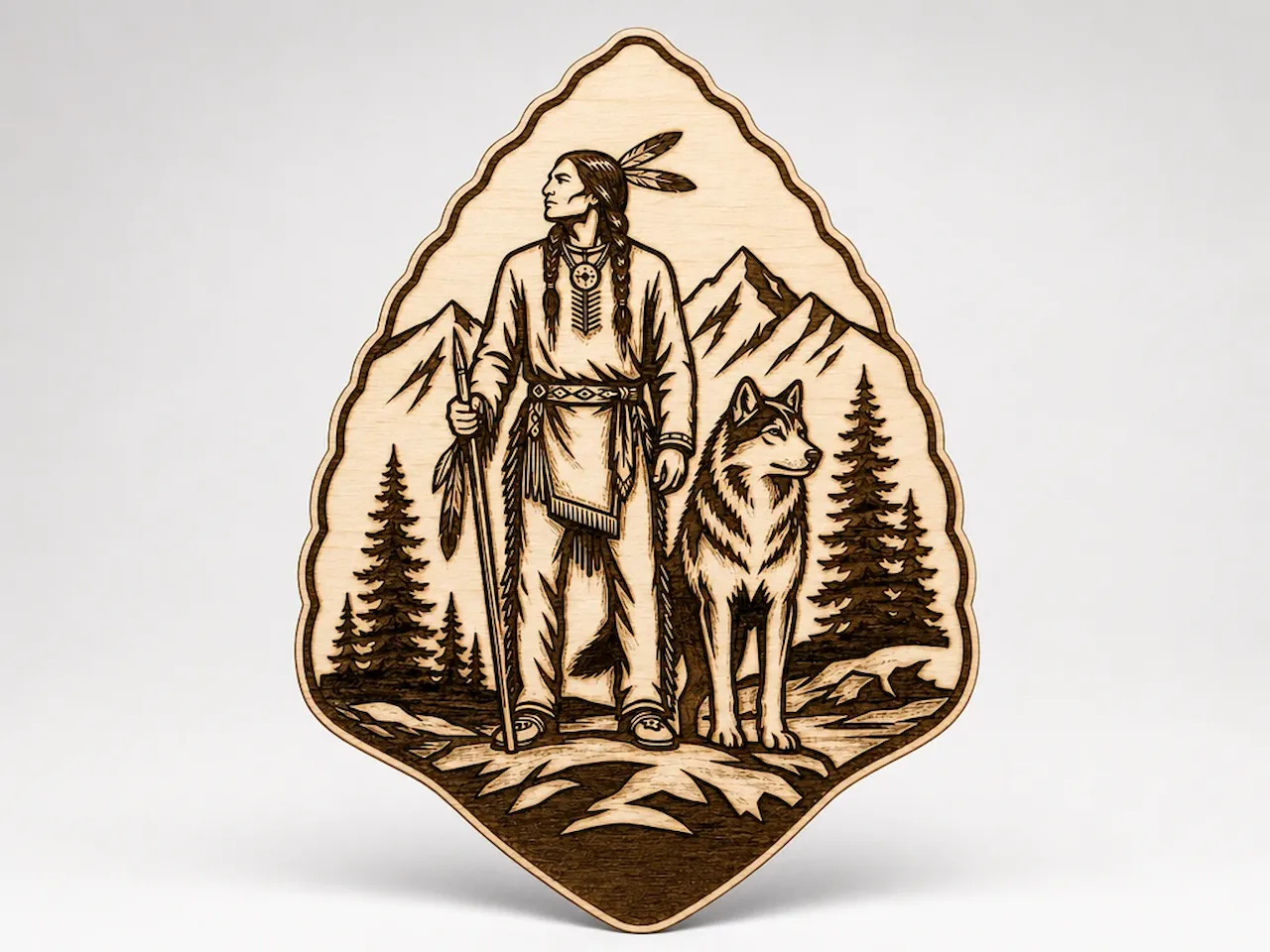 [Laser cut and engrave] Native American Warrior and Wolf Wall Plaque with Mountain Landscape