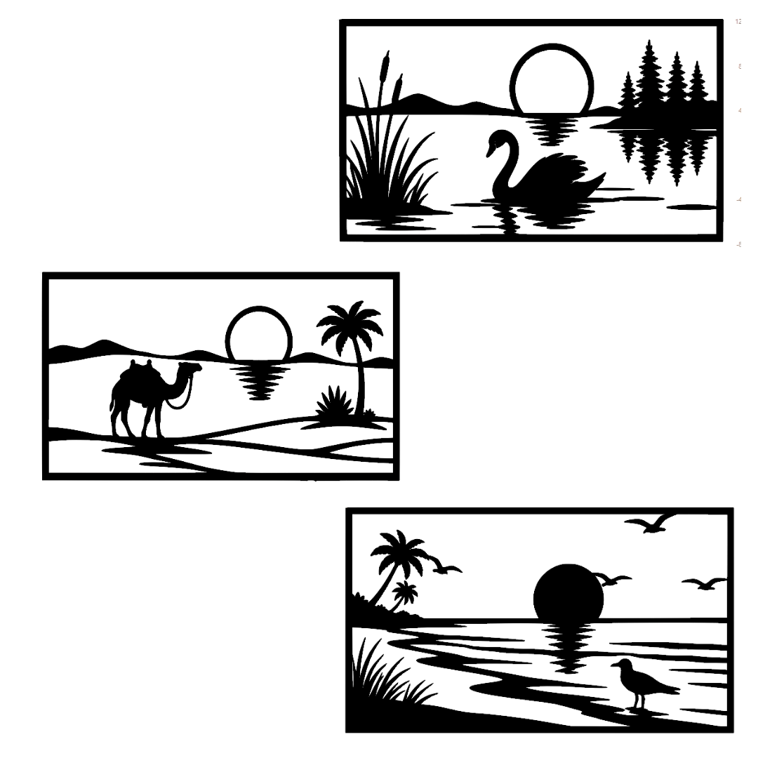 [Laser cut and engrave] Cuadros decorativos de pared con siluetas de cabaña en montaña y muelle en lago