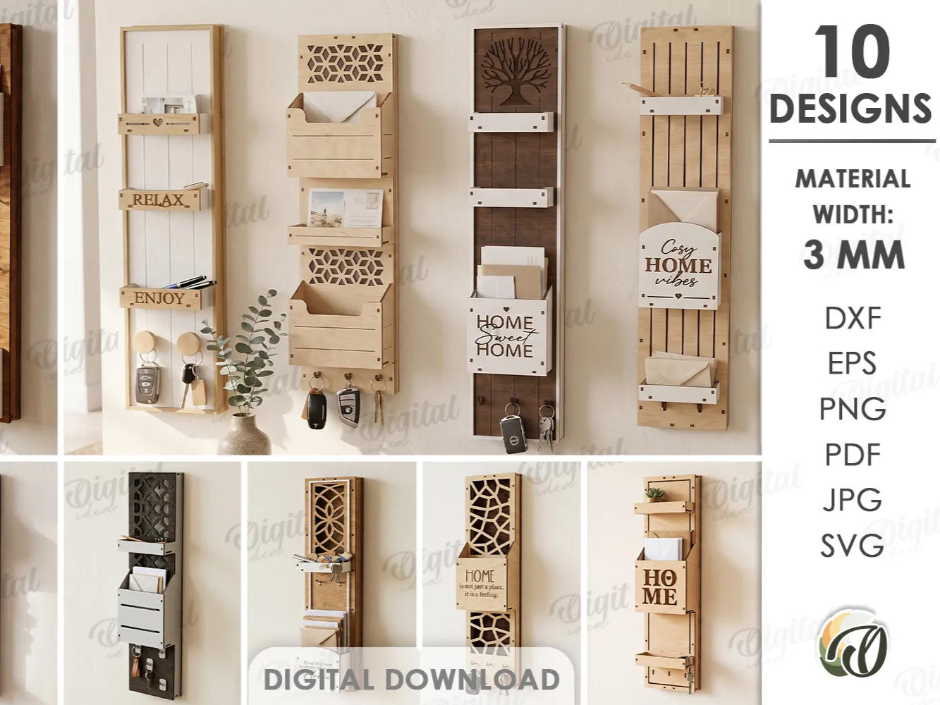 3D Wall Organizers Bundle. Mail Holder Laser Cut Files. Boho Key Rack. Entryway Storage SVG. Router Holder. Geometrical Pattern. Home Quotes