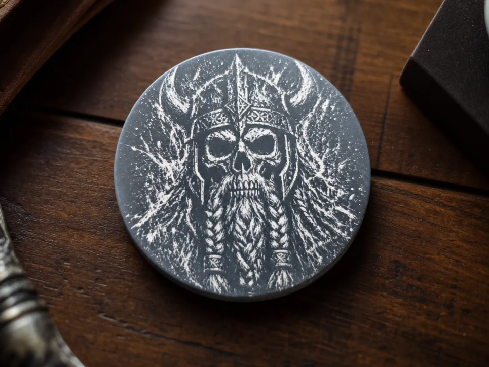 Viking Skull Coaster with Braided Beard and Horned Helmet