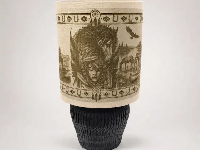 Western themed table lamp with horse and native american motif fabric shade