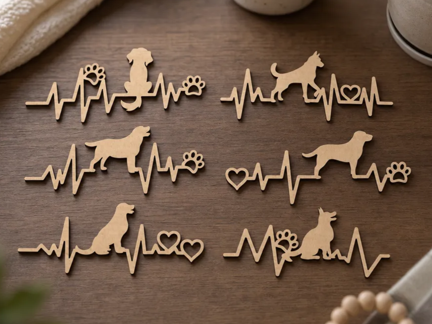 Dog Heartbeat Silhouette Cutouts with Paw Print and Heart Accents