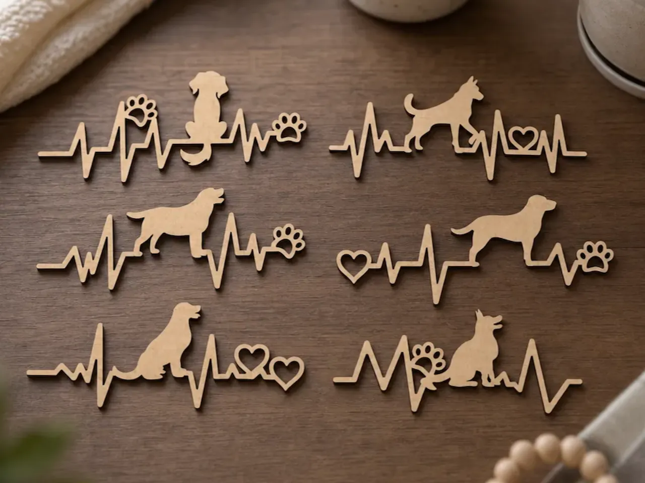 [Laser cut and engrave] Dog Heartbeat Silhouette Cutouts with Paw Print and Heart Accents