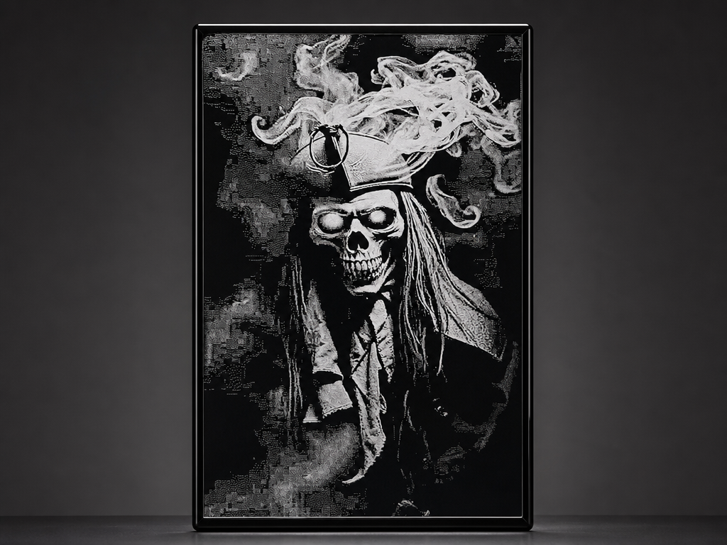 Black and white Business card design featuring a pirate skull with smoke