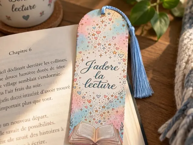 Marque-page en bois illustré avec inscription " J'adore la lecture " et pompon bleu