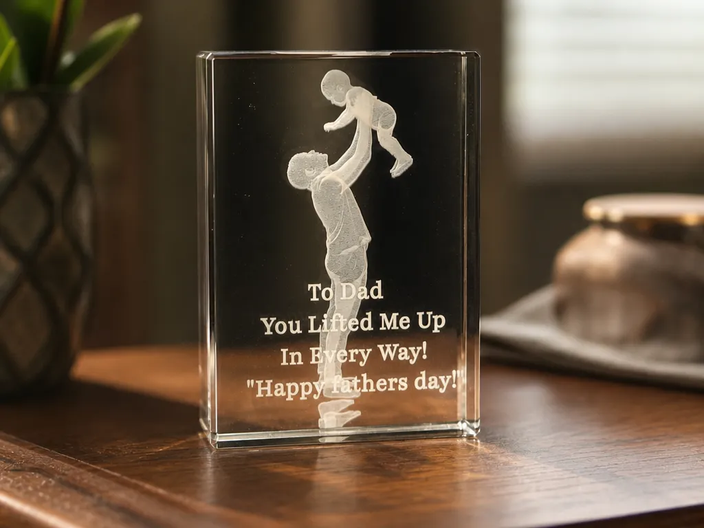 Father and Child Keepsake Crystal Block with Sentiment. {Joyful Lift}