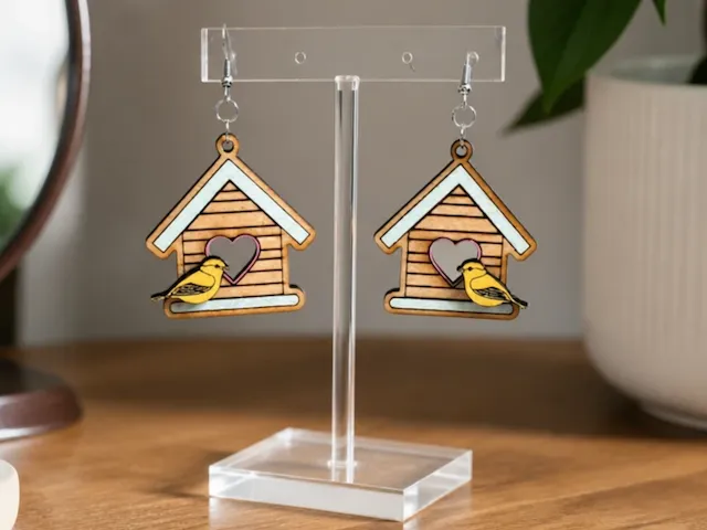 Birdhouse and Yellow Bird Dangle Earrings with Heart Detail