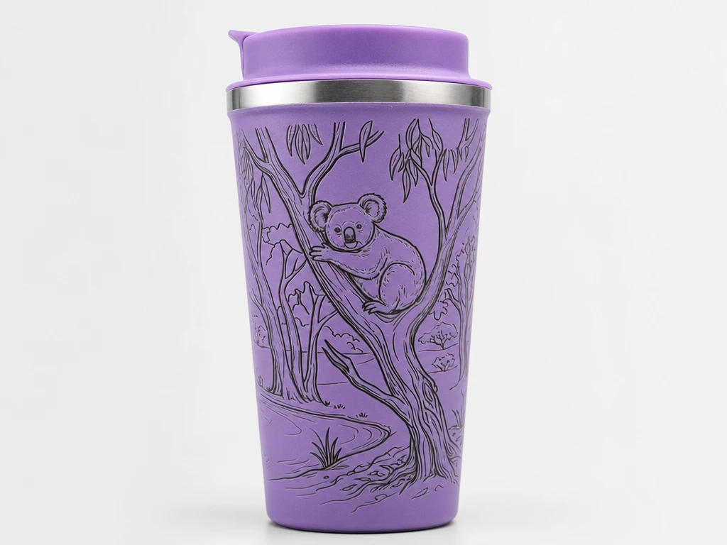 Purple Travel Mug Featuring Koala in Eucalyptus Tree Illustration