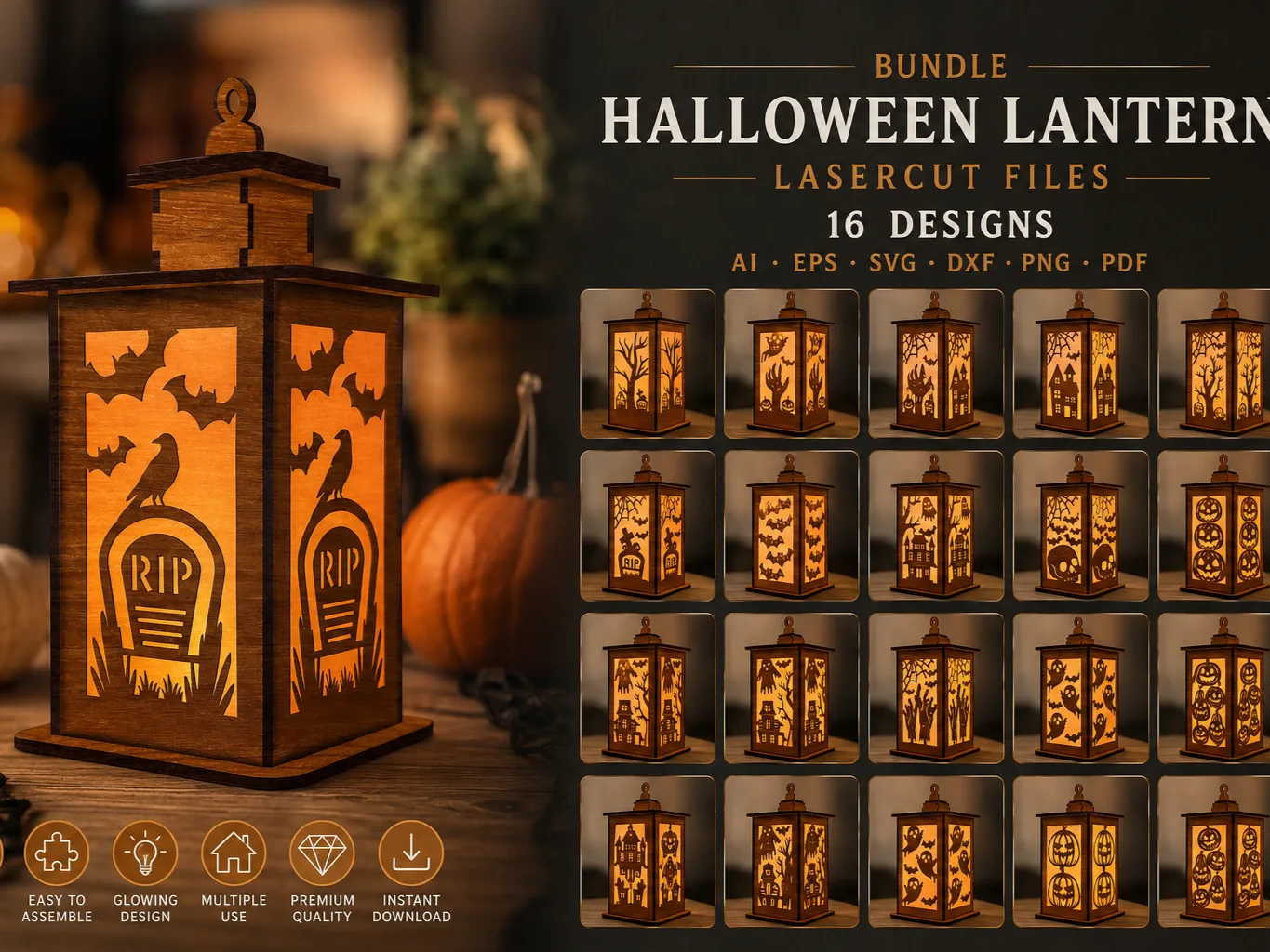 Halloween Lantern Bundle SVG | 16 Laser Cut Lantern Designs | Wooden Candle Lantern Files