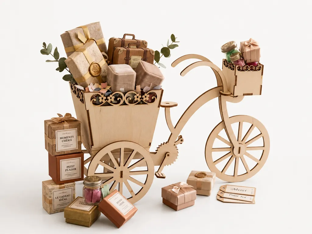 [Laser cut and engrave] Présentoir en bois en forme de vélo avec coffrets cadeaux