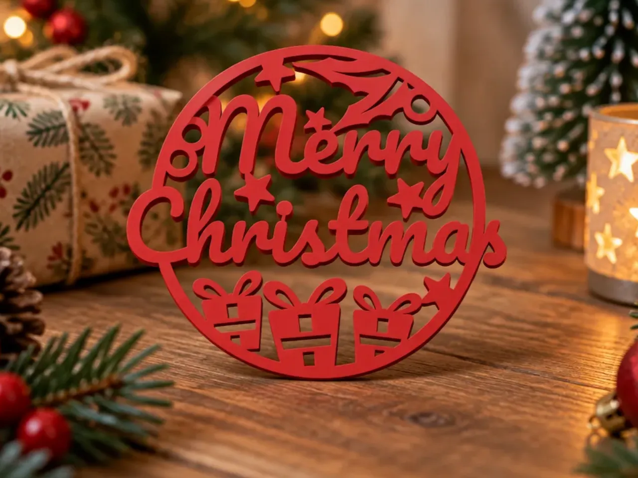 [Laser cut and engrave,Other] Red Merry Christmas Round Ornament with Gift Box Motifs
