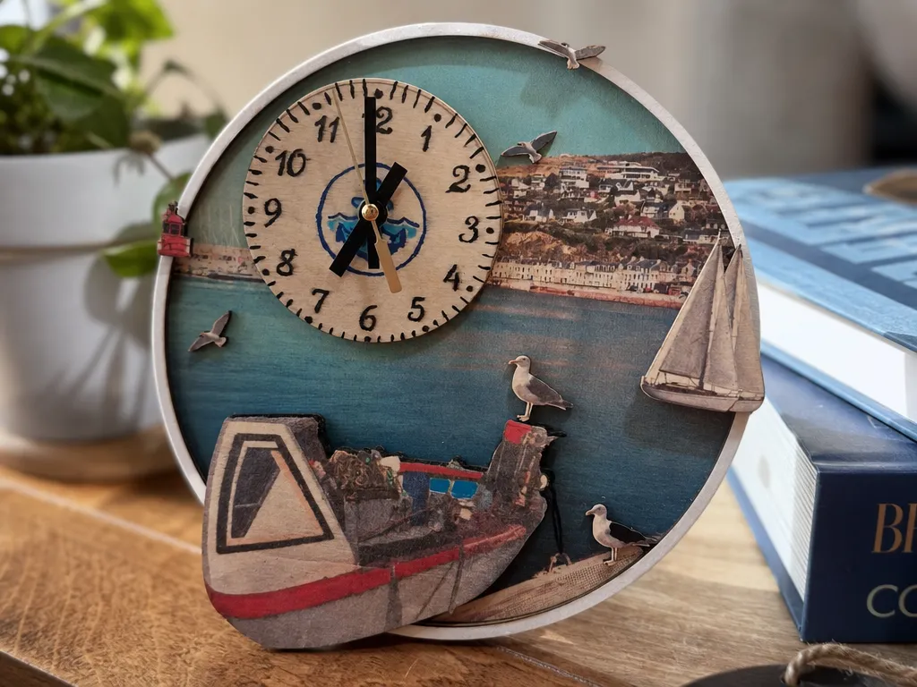 Horloge murale ronde avec paysage côtier et bateau