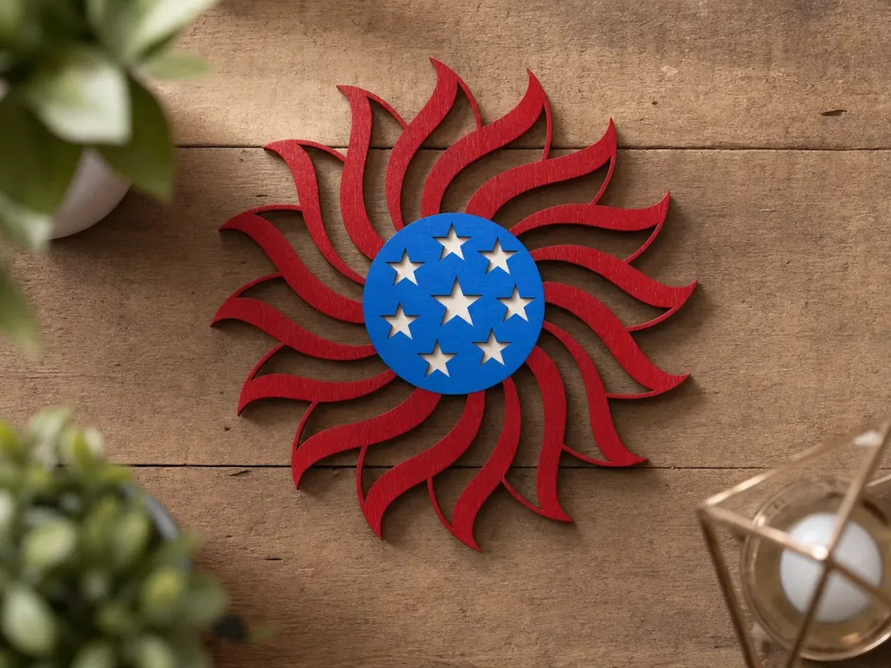 [Laser cut and engrave] Patriotic Starburst Wall Hanging with Red Rays and Blue Center