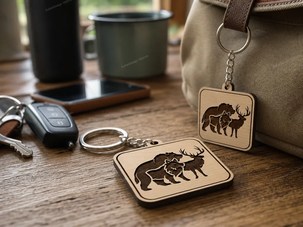 Square wooden keychain featuring bear, wolf, and deer wildlife silhouette