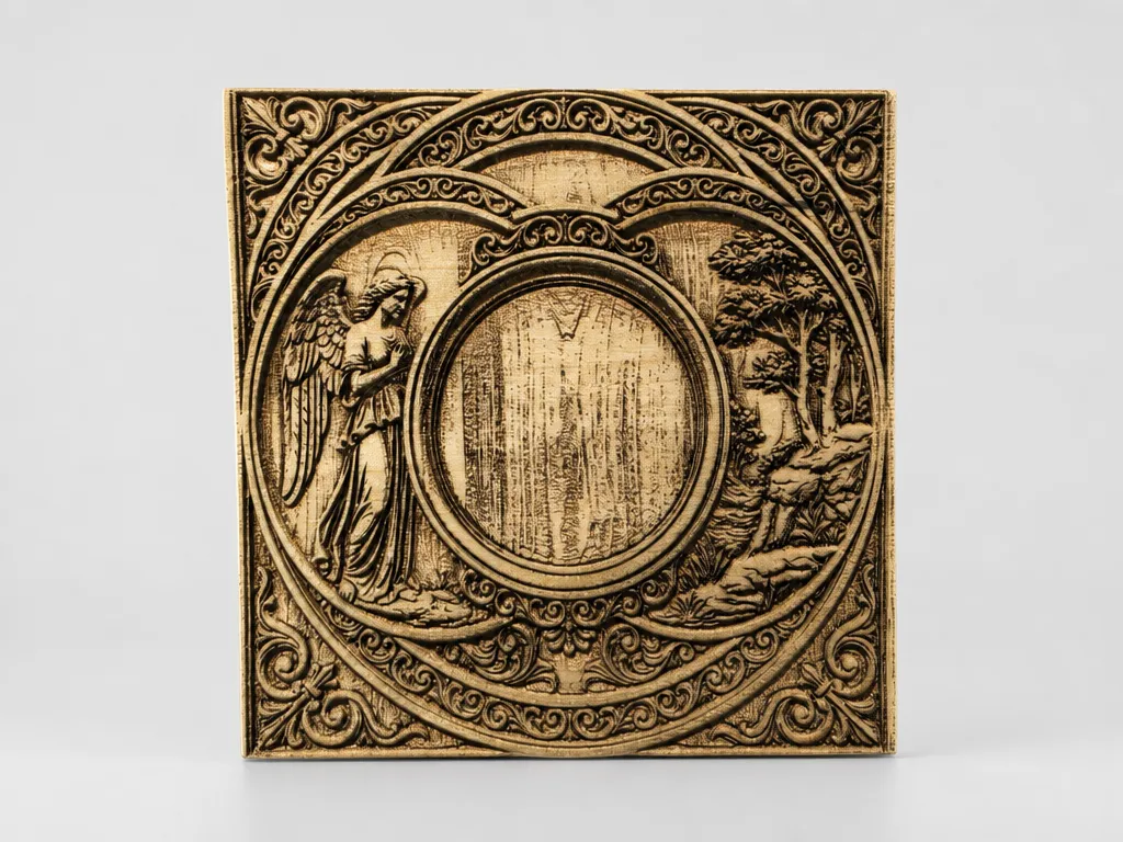 Square Wooden Plaque Featuring Angel and Forest Landscape Relief