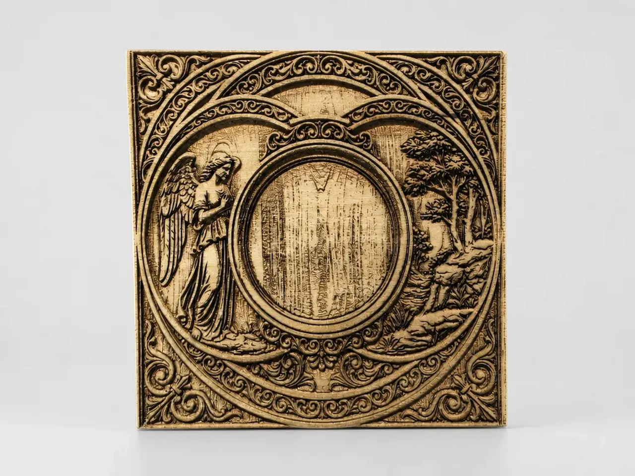 [Laser cut and engrave] Square Wooden Plaque Featuring Angel and Forest Landscape Relief