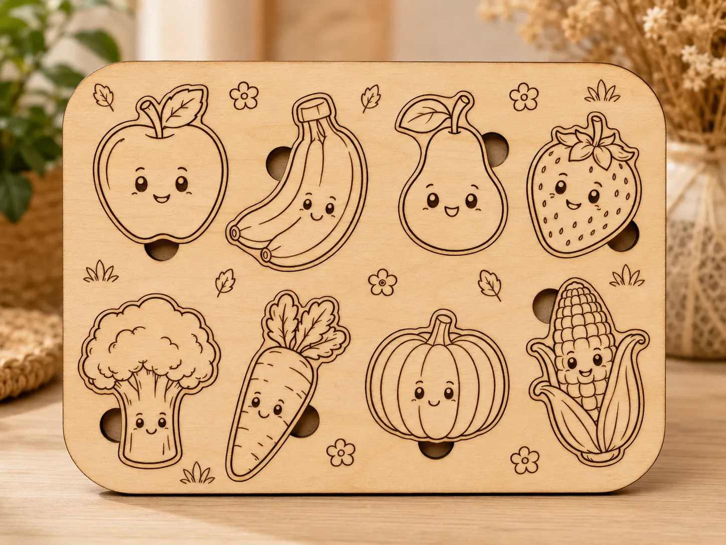 Fruits & Veggies Montessori-Inspired Wooden Puzzle | 8 Piece Food Name Learning Puzzle