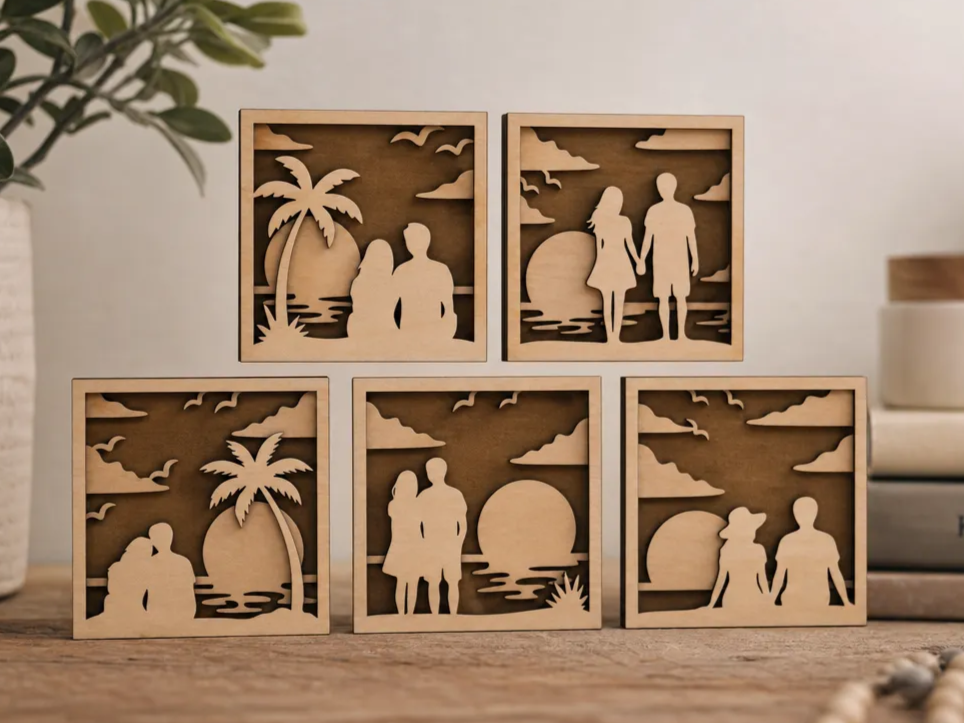 Layered Wooden Square Wall Art Featuring Romantic Couple Beach Sunset Silhouettes