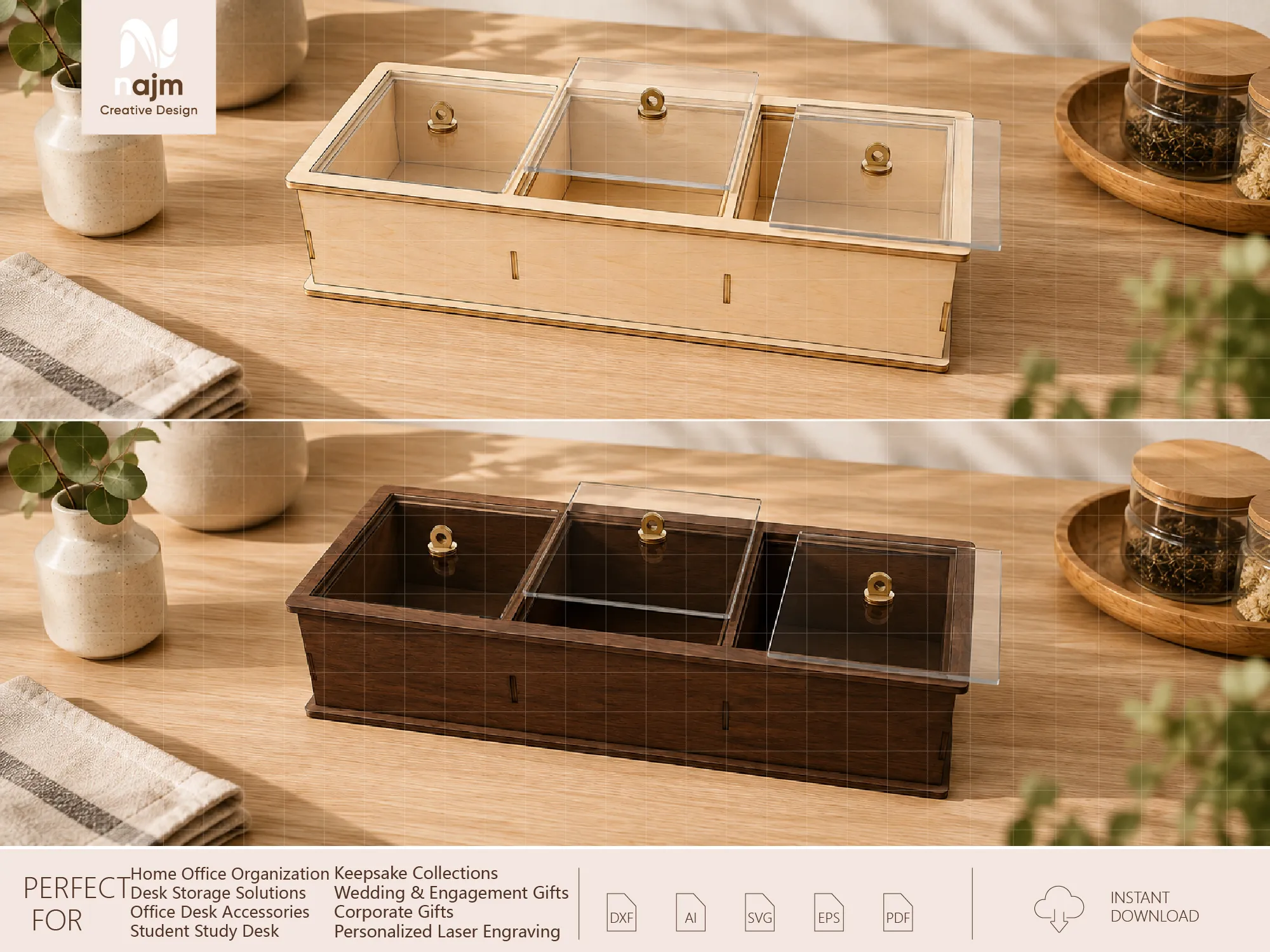 Three Compartment Wooden Storage Box with Clear Acrylic Lids