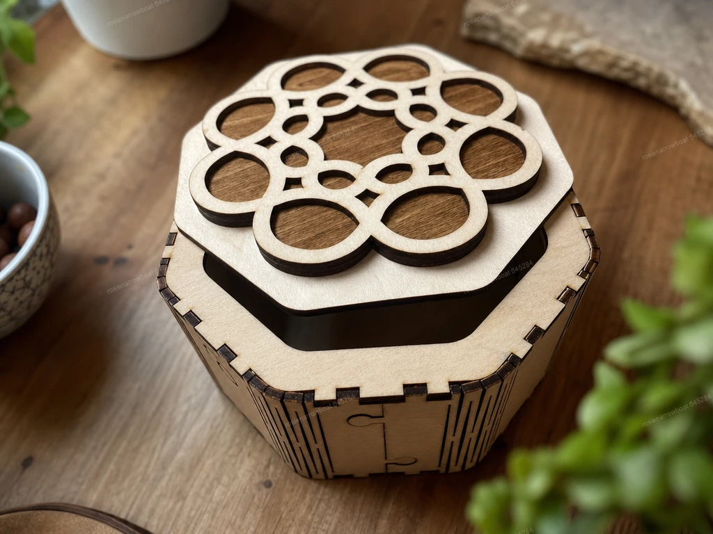Hexagonal wooden storage box with geometric mandala lid