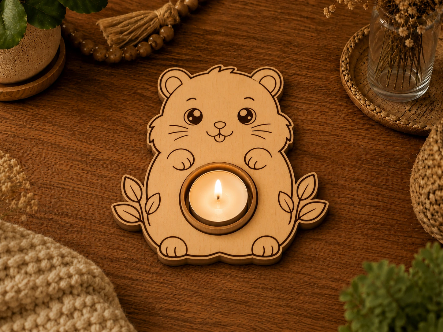 Bougeoir en bois en forme de petit hamster mignon