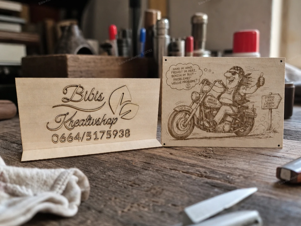 Holzschild mit Motorradfahrer Motiv und lustigem Spruch