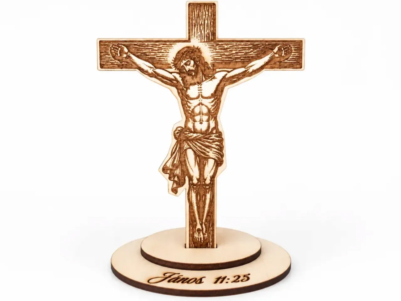 [Laser cut and engrave] Standing Crucifix with Jesus and John 11:25 Scripture