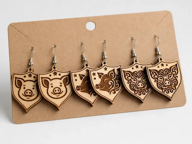Wooden Pig Shield Earrings with Intricate Filigree Details