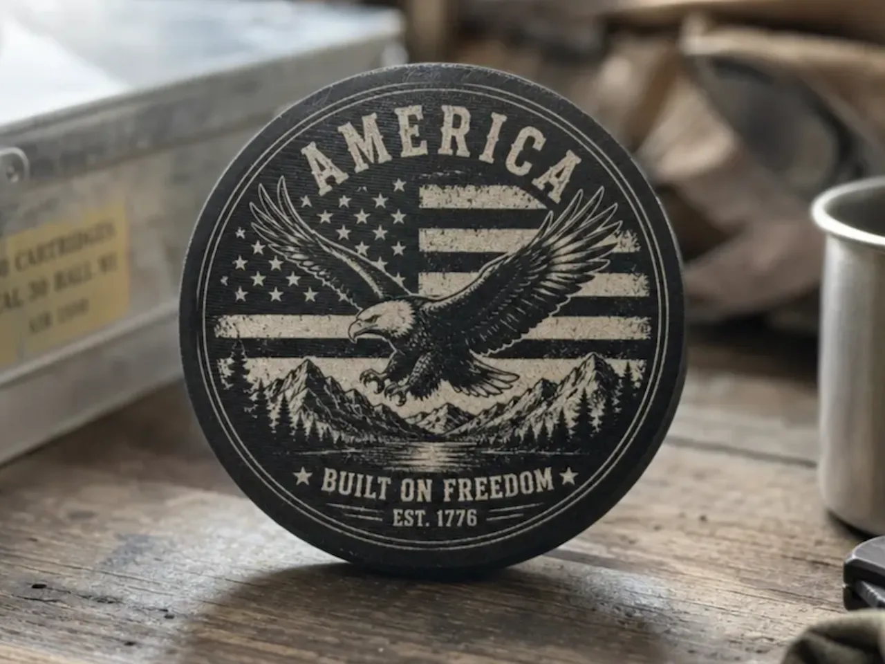 [Laser cut and engrave] America Built on Freedom Eagle and Flag Round Coaster