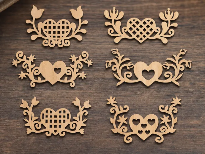 Heart and Floral Motif Wooden Embellishments