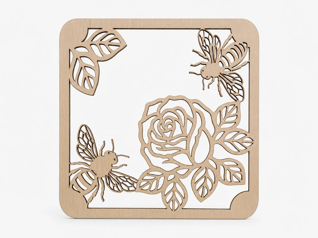 Quadratisches Holzbild mit Rosen und Bienen Motiv