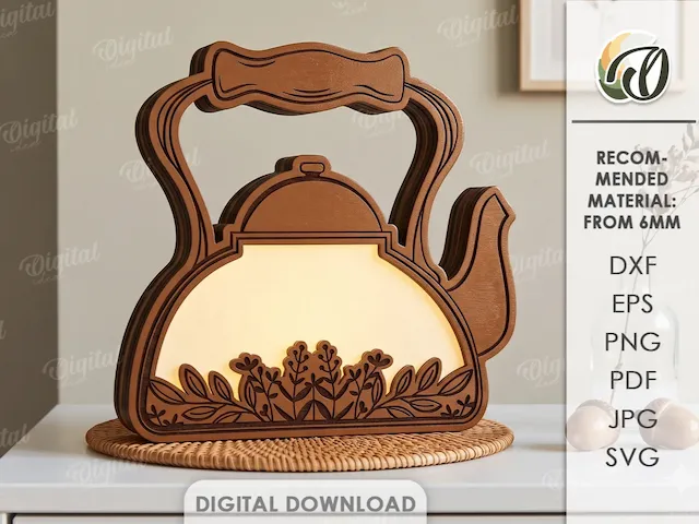 3D Fall Kettle Lamp. Autumn Lantern Laser Cut Files. Night Light SVG. Teapot LED Light. Home Decor. Floral. Kitchen Decoration
