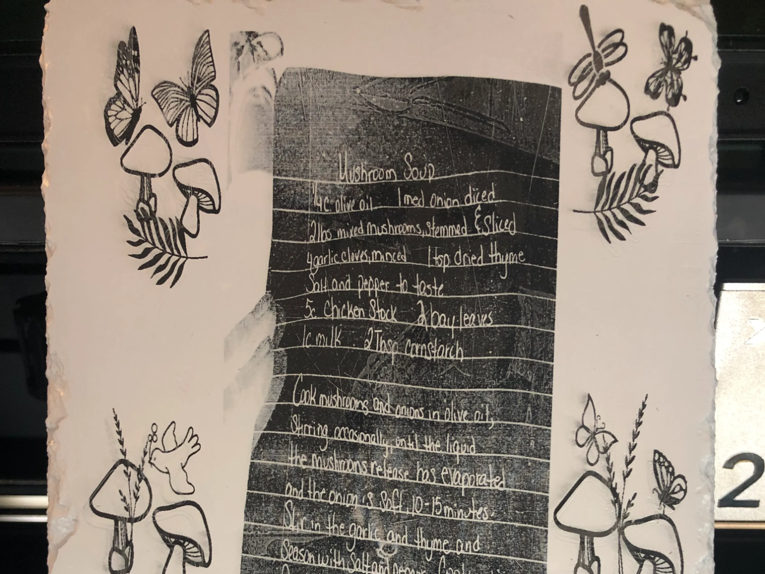 Mushroom Soup Recipe Printed on Stone Plaque with Butterfly and Mushroom Motifs