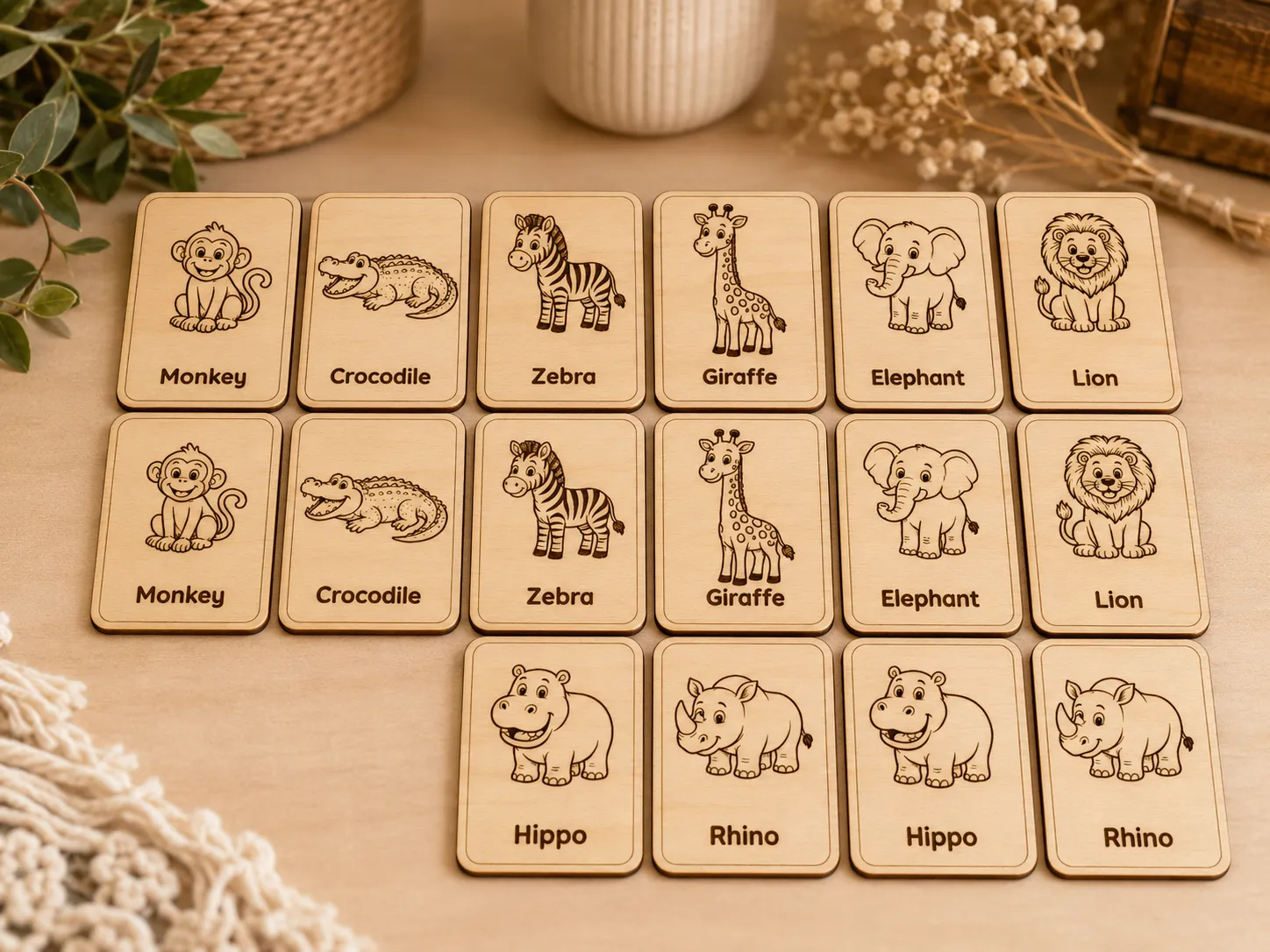 Safari Animals Montessori-Inspired Wooden Matching Cards | 8 Pair Animal Memory Game